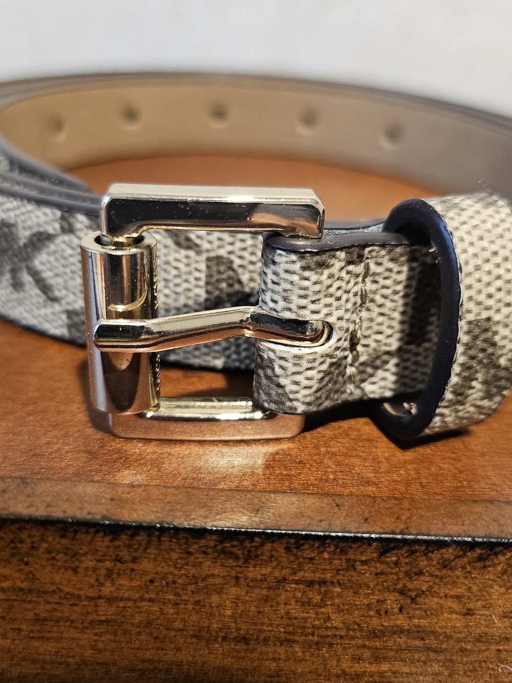 Michael Kors Neutral Patterned Logo Belt with Gold Buckle - Picture 1 of 5